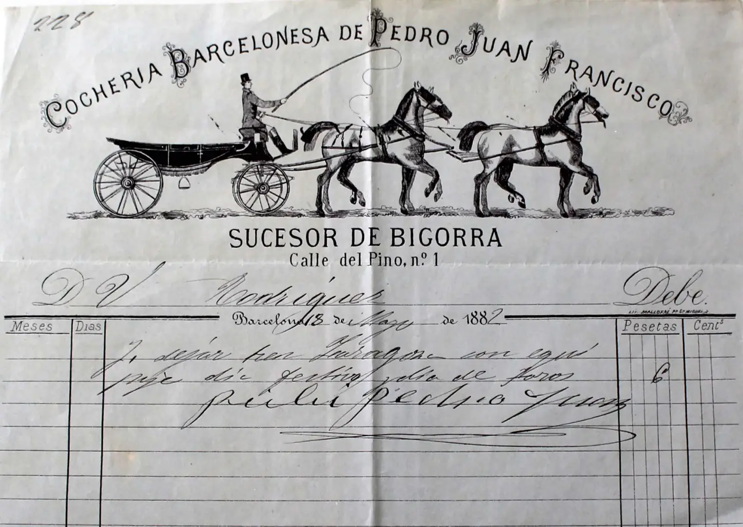 Factura antigua de la 'Cochería Barcelonesa de Pedro Juan Francisco', sucesor de Bigorra, fechada en 1882. Documento manuscrito con ilustración de un carruaje tirado por caballos y detalles de una transacción en pesetas y céntimos. Imagen representativa del comercio y transporte de finales del siglo XIX en Barcelona.